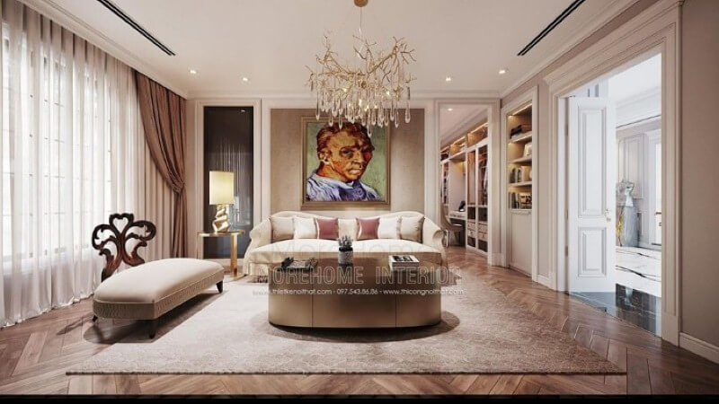 Tranh canvans treo tường chân dung họa sĩ Van Gogh nổi tiếng tạo điểm nhấn ấn tượng cho phòng giải trí trong phòng ngủ. Mẫu nội thất biệt thự đẹp