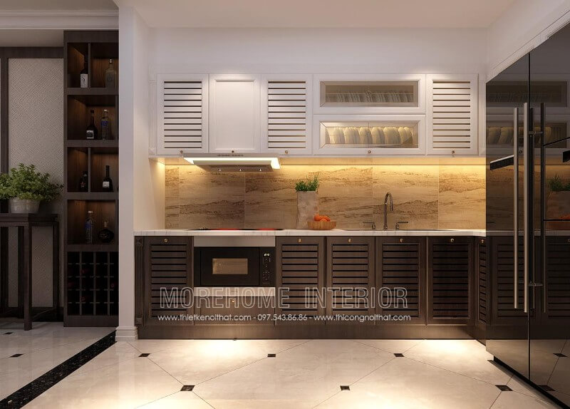Thiết kế tủ bếp cho chung cư, nhà phố phong cách hiện đại, chất liệu gỗ sồi phun sơn nhập khẩu kết hợp thiết bị nhà bếp hiện đại đã phát huy được tối đa công năng sử dụng cũng như mang lại vẻ đẹp sang trọng cho không gian Tủ bếp chung cư