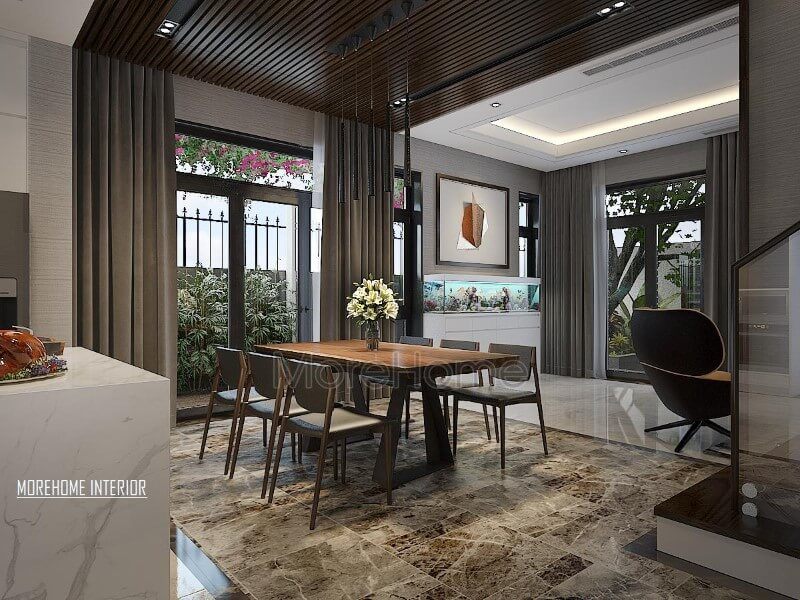 Trang trí phòng ăn hiện đại, sang trọng với sự phá cách trong vật liệu trang trí từ đá lát sàn, gỗ ốp tường hay bàn gỗ óc chó nguyên tấm.