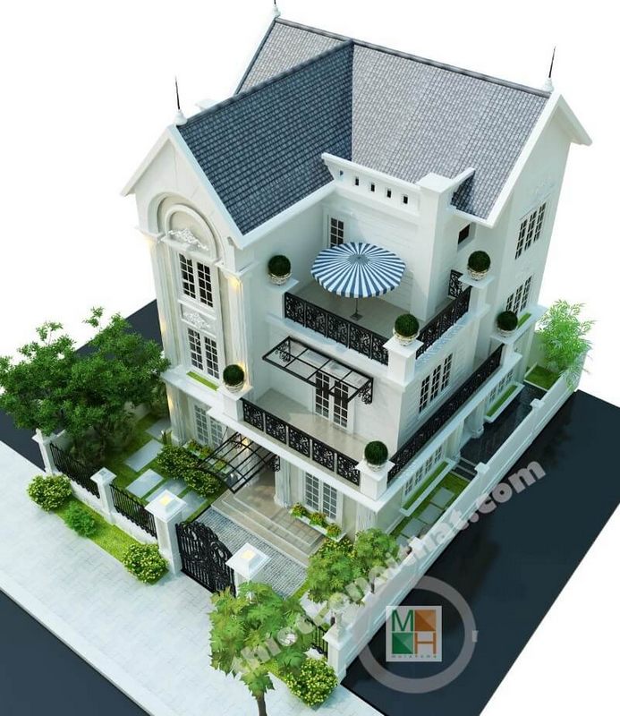 Nhà biệt thự mái thái 3 tầng có kiến trúc tân cổ điển được thiết kế tại KĐT Việt Hưng Long, Biên Hà Nội.