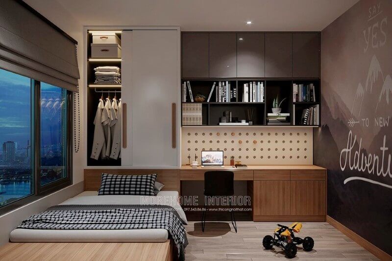 Tủ nhựa acrylic và tủ gỗ công nghiệp kết hợp lại tạo nên một khu vực lưu trữ rộng lớn cho các đồ đạc.