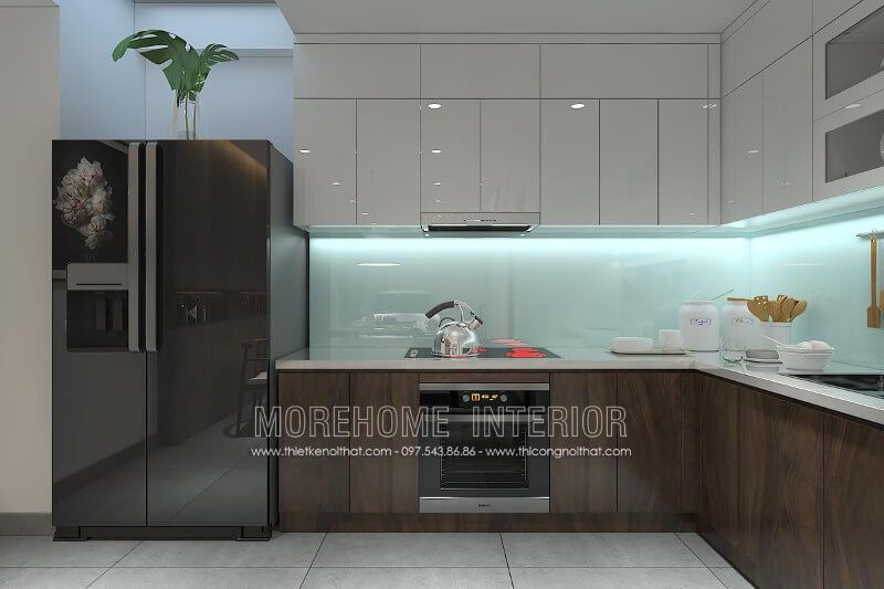 Tủ bếp kiểu dáng chữ L có thể tối ưu hóa góc khuất của phòng bếp, tạo ra không gian rộng và thoáng hơn.